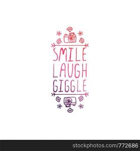 Hand drawn summer slogan with graphic elements isolated on white background. Gradient from coral and deep violet. Smile, laugh, giggle. Hand Drawn Summer Slogan Isolated on White. Smile, Laugh, Giggle