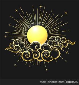 Hand drawn Sun and Clous in the sky on black background. Decorative graphic design in oriental style. Vector illustration. Moon and Clouds at Midnight Drawn in Oriental Style