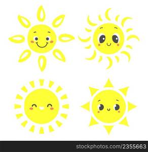 Hand drawn sun. Cartoon sunny characters with smiling faces. Happy morning elements with shining beams. Cheerful emoji for children design. Bright yellow circles with rays isolated vector set. Hand drawn sun. Cartoon sunny characters with smiling faces. Happy morning elements with shining beams