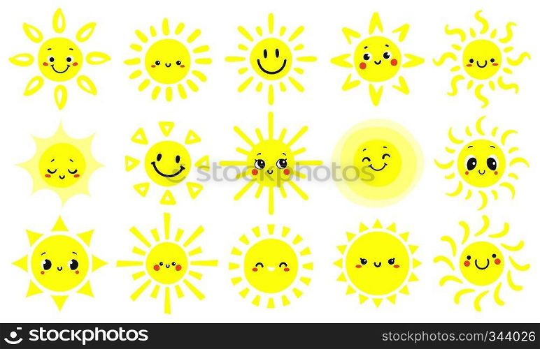 Hand drawn sun. Cute bright suns with funny smiling face, warm shining sunlight and happy day sun. Sunny emotions sketch. Cartoon vector illustration isolated sign set. Hand drawn sun. Cute bright suns with funny smiling face, warm shining sunlight and happy day sun cartoon vector illustration set