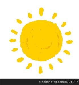 Hand-drawn sun. Element of summer and nature. Yellow warm object. Heat and hot. Cartoon illustration. Children drawing isolated on white background. Hand-drawn sun. Element of summer
