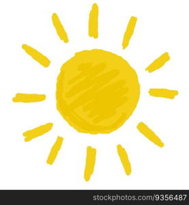 Hand-drawn sun. Element of summer and nature. Yellow warm object. Heat and hot. Cartoon illustration. Childrens drawing. Hand-drawn sun. Element of summer