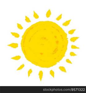 Hand-drawn sun. Element of summer and nature. Yellow warm object. Heat and hot. Cartoon illustration. Children drawing isolated on white background. Hand-drawn sun. Element of summer and nature.