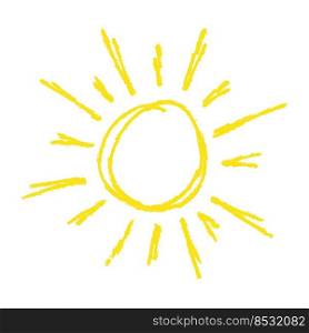 Hand drawn Sun sketch of chalk or crayon. Logo, icon, sign, emblem. Vector in cartoon doodle children&rsquo;s style. For print, clothes, greeting invitation card, cover, flyer, decoration.. Hand drawn Sun sketch of chalk or crayon. Logo, icon, sign, emblem. Vector in cartoon doodle children&rsquo;s style. For print, clothes, greeting invitation card, cover, flyer, decoration
