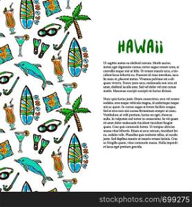 Hand drawn surfing and diving decoration. Hawaii holiday. Tourism vector background. Banner or poster, brochure, travel design template. Hand drawn surfing and diving decoration. Hawaii holiday. Tourism vector background. Banner or poster