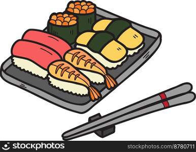 Hand Drawn sushi and chopsticks Chinese and Japanese food illustration isolated on background