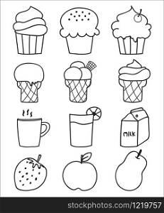 Hand drawn sweets and dessert set. Ice cream, cupcake, coffee and ice cream. Vector doodles hand drawn on white background.