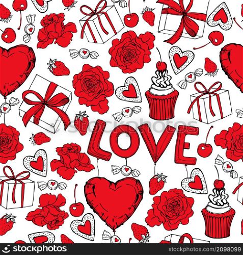 Hand drawn sweets and gifts for Valentine&rsquo;s Day on white background. Vector seamless pattern . Vector pattern with Valentine&rsquo;s Day sweets