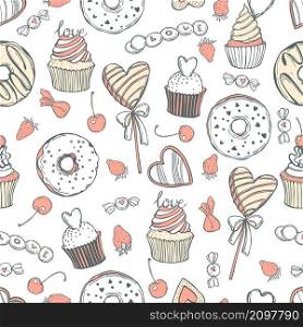 Hand drawn sweets and pastries for Valentine&rsquo;s Day on white background. Vector seamless pattern . Vector pattern with Valentine&rsquo;s Day sweets