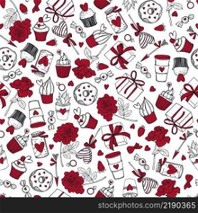 Hand drawn sweets and pastries for Valentine&rsquo;s Day on white background. Vector seamless pattern . Hand drawn Valentine&rsquo;s Day vector seamless pattern.