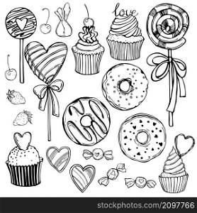 Hand drawn sweets and pastries for Valentine&rsquo;s Day. Vector sketch illustration.. Sweets and pastries for Valentine&rsquo;s Day.