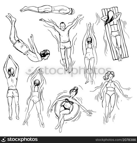 Hand drawn swimmers, people in the pool. Vector sketch illustration.. Swimmers, people in the pool. Vector illustration.