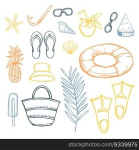  Hand-drawn swimming accessories. Flippers, glasses, snorkel, swim rings, summer wear. Vector sketch illustration.. Swimming accessories. Sketch illustration.