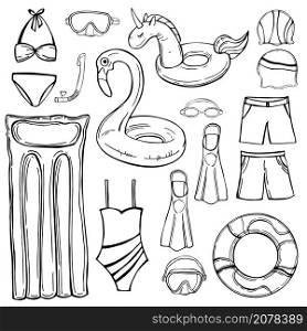 Hand drawn swimming accessories. Flippers, glasses, snorkel, swim rings, swim wear. Vector sketch illustration.. Hand drawn swimming accessories. Vector sketch illustration.