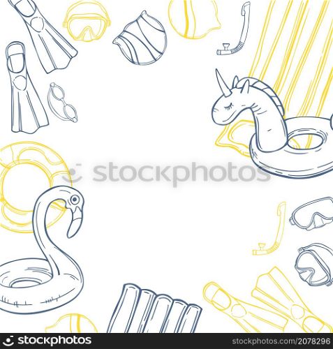 Hand drawn swimming accessories. Flippers, glasses, snorkel, swim rings. Vector background. Sketch illustration.. Swimming accessories. Vector background.