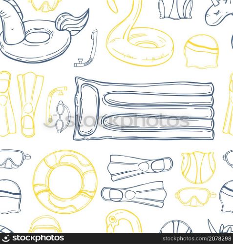 Hand drawn swimming accessories. Flippers, glasses, snorkel, swim rings. Vector seamless pattern. . Swimming accessories. Vector pattern.