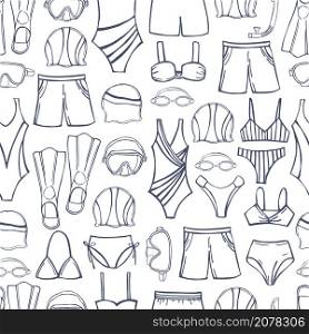 Hand drawn swimming accessories. Flippers, glasses, snorkel, swim wear. Vector seamless pattern. . Hand drawn swimming accessories. Vector sketch illustration.