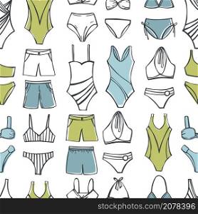 Hand drawn swimming suits set. Swimwear fashion. Vector seamless pattern. . Swimming suits set. Vector pattern.