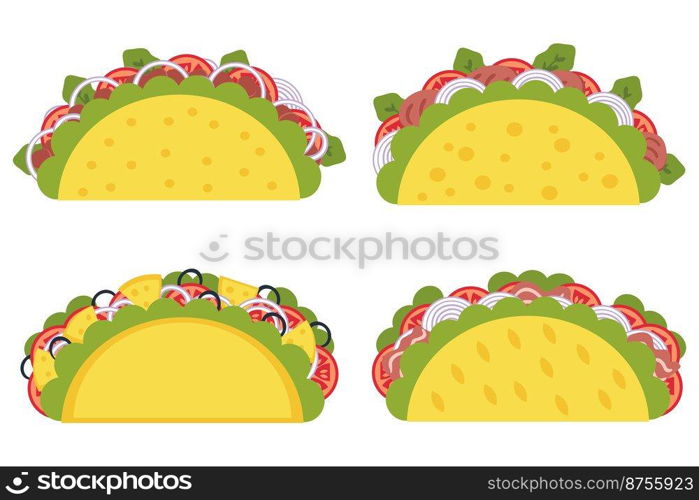 Hand drawn tacos collection in flat style. Perfect for tee, stickers, menu and stationery. Isolated vector illustration for decor and design. 