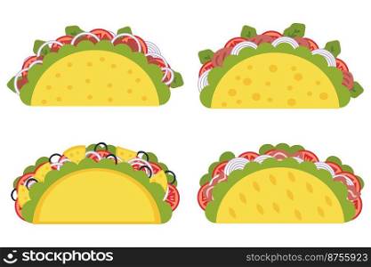 Hand drawn tacos collection in flat style. Perfect for tee, stickers, menu and stationery. Isolated vector illustration for decor and design. 