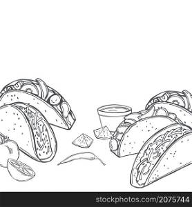 Hand drawn tacos set. Traditional mexican fast food .Vector background. Sketch illustration.. Mexican tacos. Vector background.