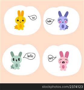 Hand drawn talking bunnies sticker set. Perfect for T-shirt, poster, textile and print. Doodle vector illustration for decor and design.