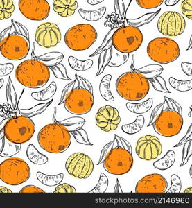 Hand drawn tangerines on white background. Vector seamless pattern . Hand drawn tangerines. Vector pattern