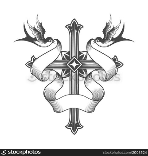 Hand Drawn Tattoo of Cross with banner and Two Swallows isolated on white. Vector illustration.