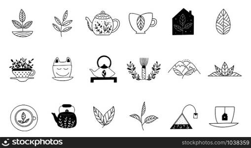 Hand drawn tea icon set in doodle style. Vector illustration. Hand drawn tea icon set in doodle style