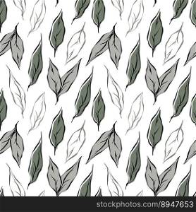 Hand drawn tea leaf seamless pattern in grey and pale green color shades on white background. Vector endless botanical pattern for tea package, bedding, textile, fabric, wallpapers, wrapping paper.