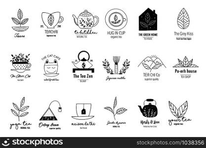 Hand drawn tea logo set in doodle style. Vector illustration . Hand drawn tea logo set in doodle style