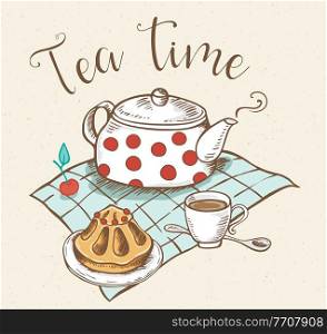 Hand drawn teapot and sweet fruitcake. Vector illustration.