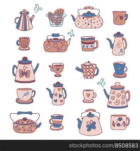 Hand drawn teapot, cups and mugs cozy collection. Perfect for stationery, dishcloth, towel, poster and print. Flat vector illustration isolated on white background.