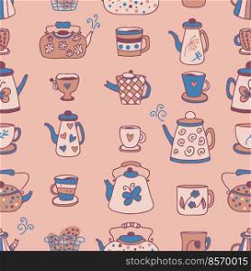 Hand drawn teapot, cups and mugs cozy seamless pattern. Perfect print for stationery, dishcloth, towel, textile and fabric. Flat vector illustration for decor and design.