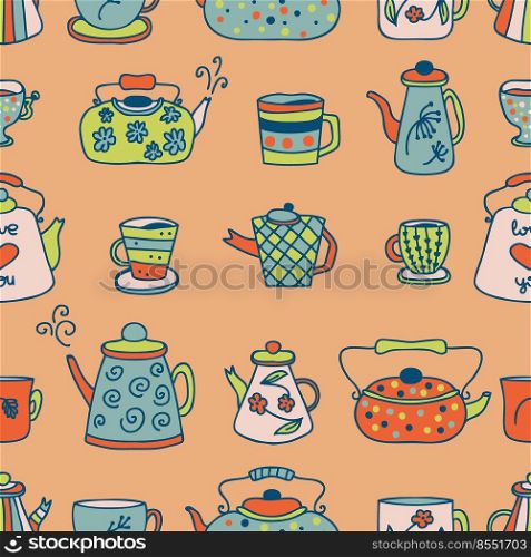 Hand drawn teapot, cups and mugs seamless pattern. Perfect print for tee, towel, textile and fabric. Flat vector illustration for decor and design.