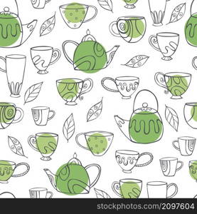 Hand-drawn teapots and cups on white background. Vector seamless pattern. . Teapots and cups. Vector pattern.