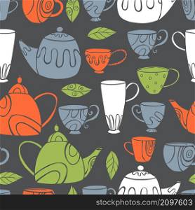 Hand-drawn teapots and cups. Vector seamless pattern. . Teapots and cups. Vector pattern.