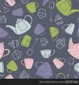Hand drawn teapots , cups and cakes. Vector seamless pattern. . Teapots and cups. Vector pattern.
