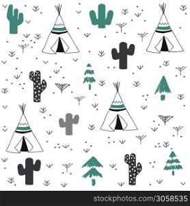 Hand drawn tent and cactus pattern