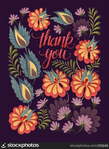 Hand drawn Thank You lettering on floral background. Vector greeting card, poster, flayer, invitation, wedding card template.