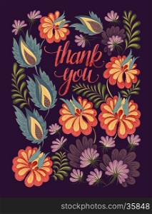 Hand drawn Thank You lettering on floral background. Vector greeting card, poster, flayer, invitation, wedding card template.