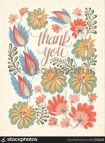 Hand drawn Thank You lettering on floral background. Vintage vector greeting card, poster, flayer, invitation, wedding card template.