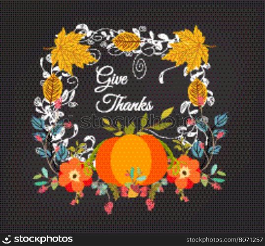Hand drawn thanksgiving greeting card with leaves, pumpkin
