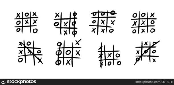 Hand drawn tic tac toe game. X-O children game. Play a tictactoe draw. Noughts and win. Vector illustration in doodle style on white background.. Hand drawn tic tac toe game. X-O children game. Play a tictactoe draw. Noughts and win. Vector illustration in doodle style on white background
