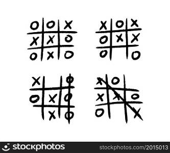 Hand drawn tic tac toe game. X-O children game. Play a tictactoe draw. Noughts and win. Vector illustration in doodle style on white background.. Hand drawn tic tac toe game. X-O children game. Play a tictactoe draw. Noughts and win. Vector illustration in doodle style on white background