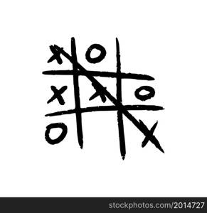 Hand drawn tic tac toe game. X-O children game. Win in tictactoe. Vector illustration in doodle style on white background.. Hand drawn tic tac toe game. X-O children game. Win in tictactoe. Vector illustration in doodle style on white background