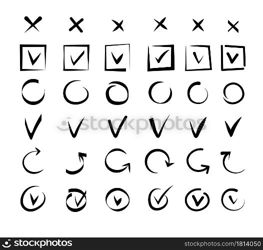Hand drawn tick marks. Checklist signs, doodle marker drawing check mark. Isolated accept vote and true, cross and correct icons vector set. Correct check tick, accept and ok doodle stroke. Hand drawn tick marks. Checklist signs, doodle marker drawing check mark. Isolated accept vote and true, cross and correct icons vector set