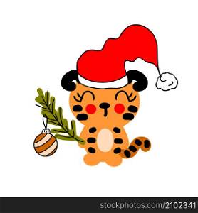 Hand drawn tiger cub in santa claus hat with new year toy. Perfect for T-shirt, poster, greeting card, and print. Doodle vector illustration for decor and design.
