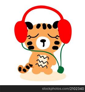 Hand drawn tiger cub listens to music with headphones. Perfect for T-shirt, poster, greeting card, and print. Doodle vector illustration for decor and design.