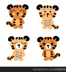 Hand drawn tiger cubs collection. Set of four cute tigris baby. Perfect for poster, greeting card, stickers and prints. Cartoon style vector illustration for decor and design.